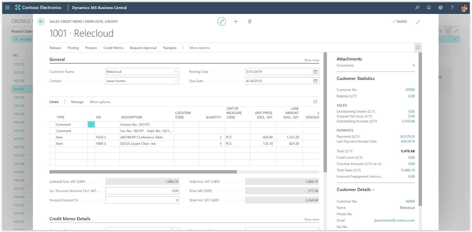 crt-crdt-nt-002 - image showing how to raise a credit note on Microsoft Business Central