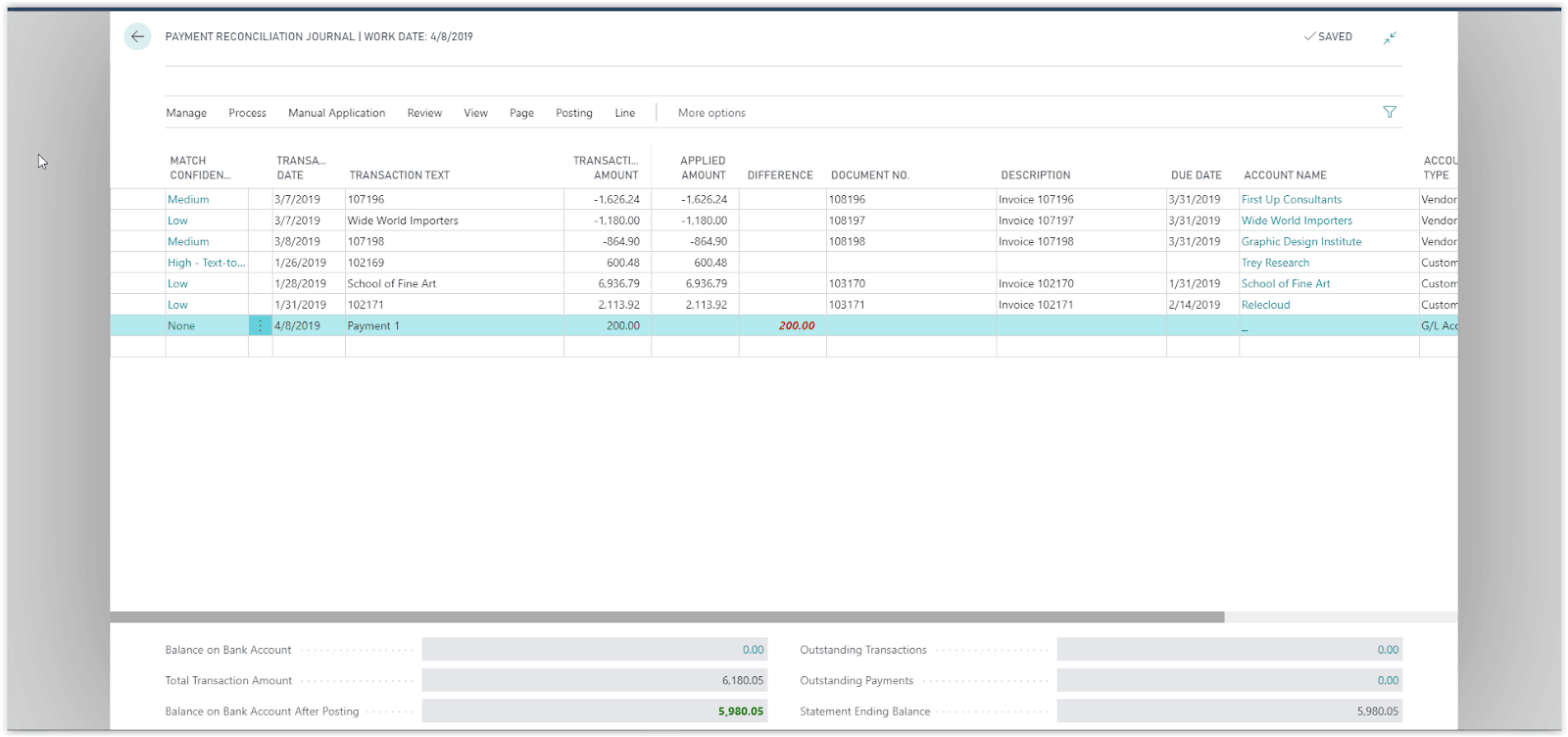 Reconcile Customer Payments Manually in business central