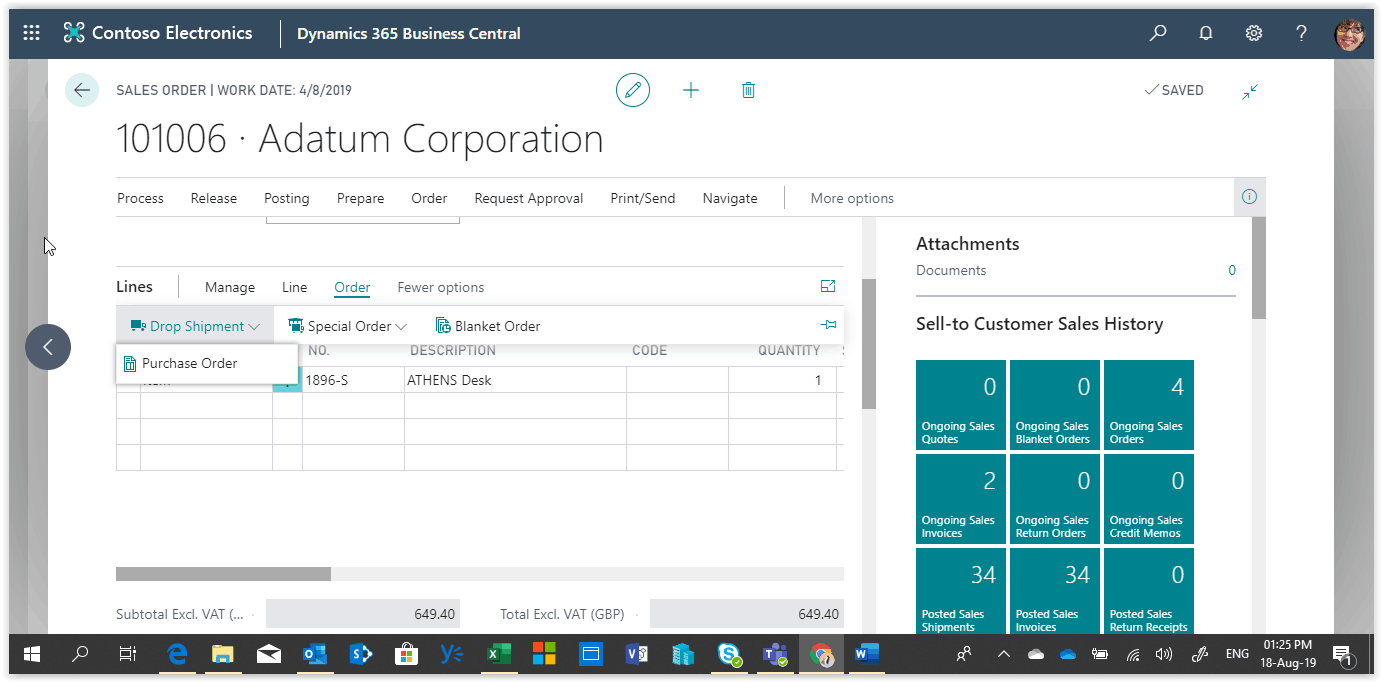 using drop shipment in business central