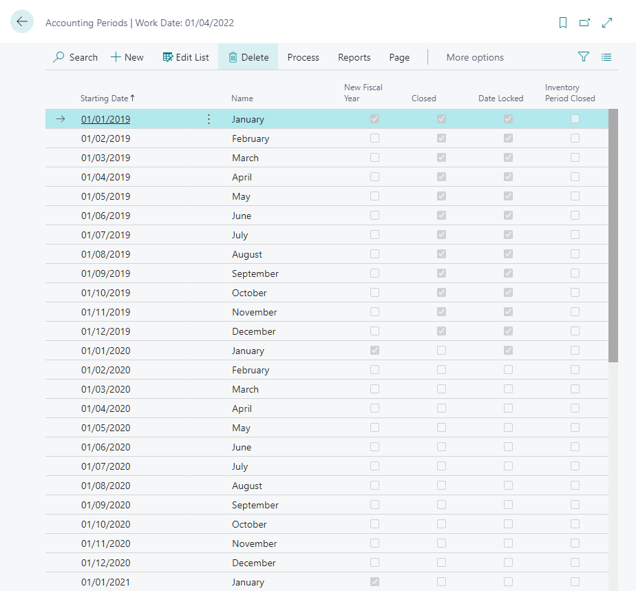 Business Central Accounting Periods